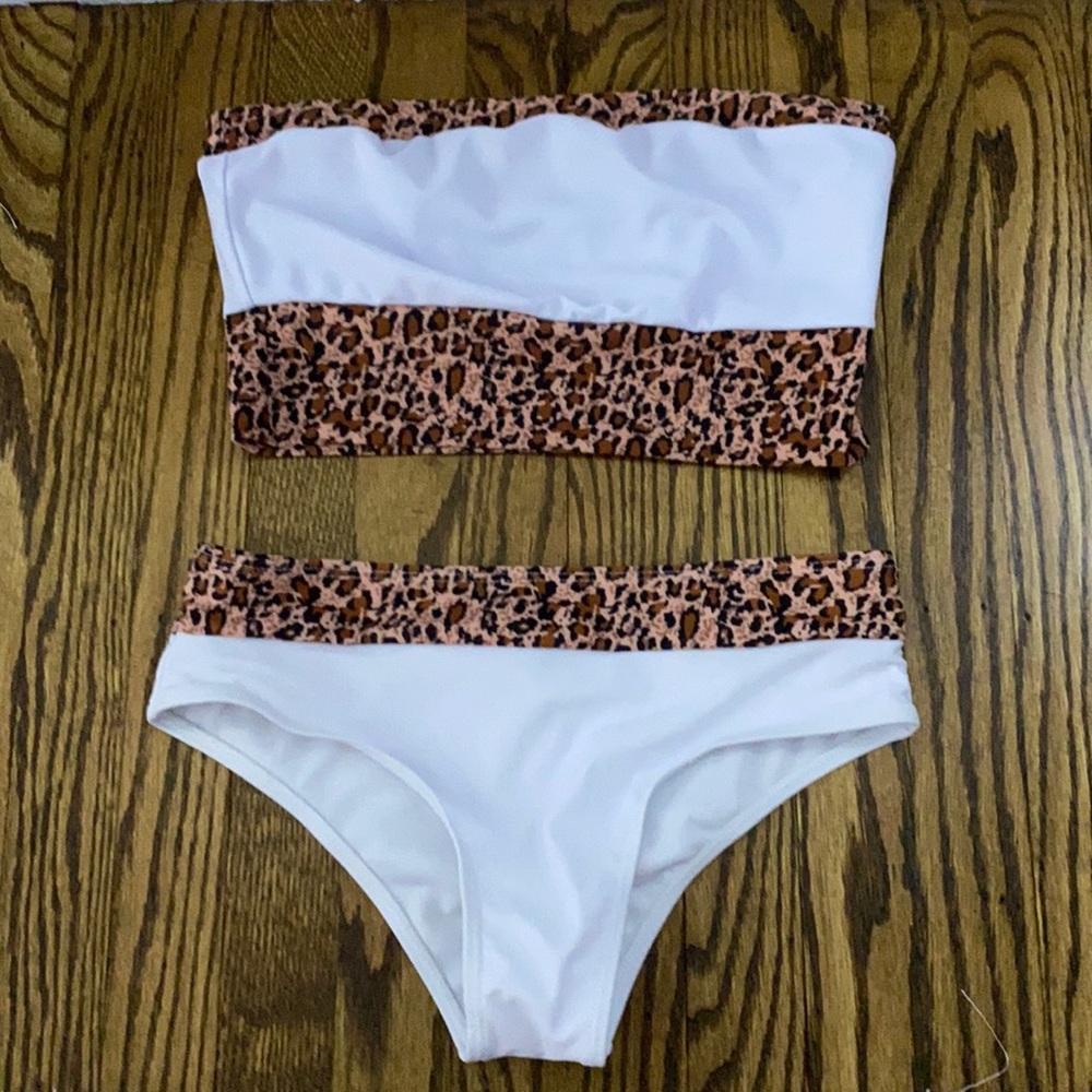 SHEIN white bandeau bikini set with leopard print